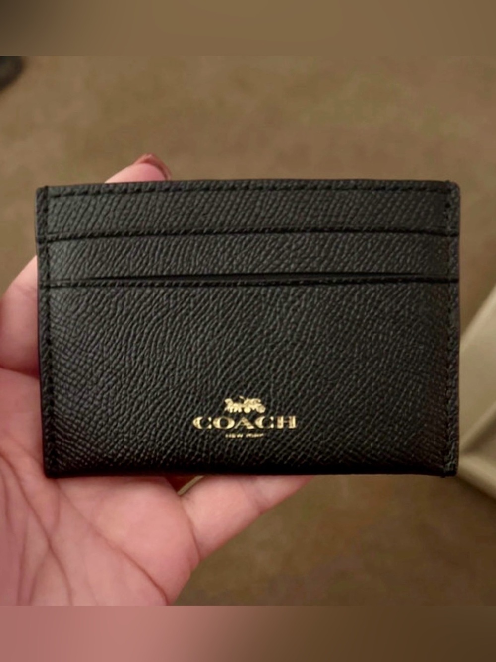 Coach Black Crossgrain Leather Card Holder Wallet Gold Logo